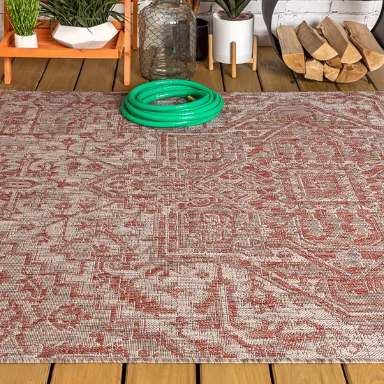 Red And Taupe Medallion Indoor Outdoor Area Rug Photo 5