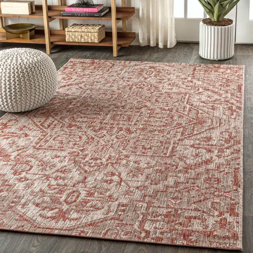 Red And Taupe Medallion Indoor Outdoor Area Rug Photo 4