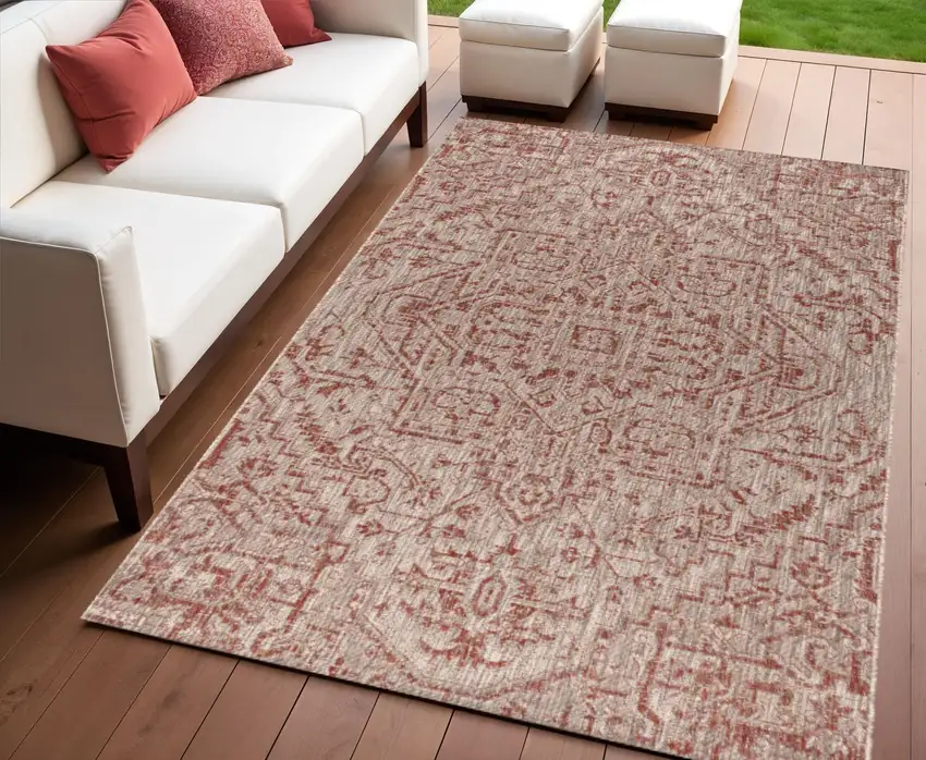 Red And Taupe Medallion Indoor Outdoor Area Rug Photo 1
