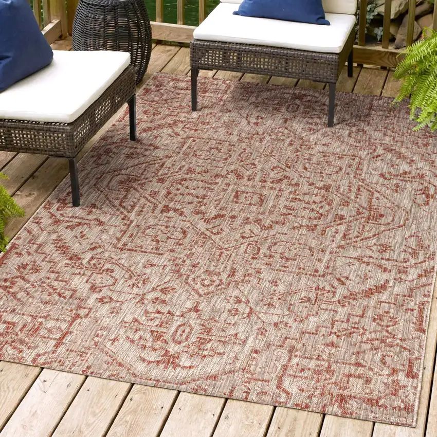 Red And Taupe Medallion Indoor Outdoor Area Rug Photo 8