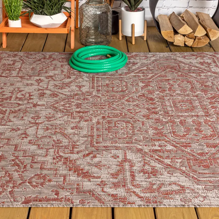Red And Taupe Medallion Indoor Outdoor Area Rug Photo 6