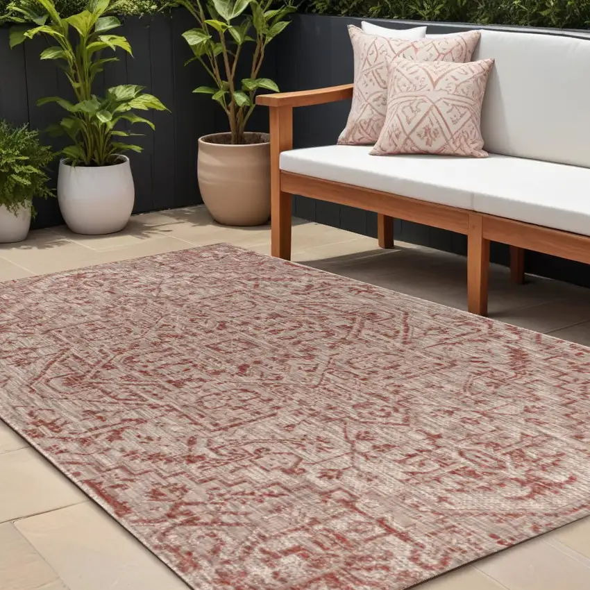 Red And Taupe Medallion Indoor Outdoor Area Rug Photo 1