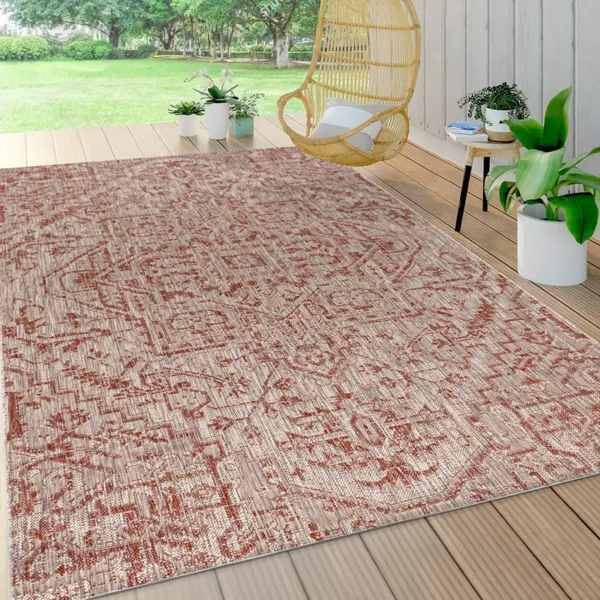 Red And Taupe Medallion Indoor Outdoor Area Rug Photo 6