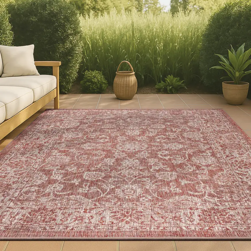 Red And Taupe Medallion Indoor Outdoor Area Rug Photo 4