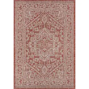 Photo of Red And Taupe Medallion Indoor Outdoor Area Rug