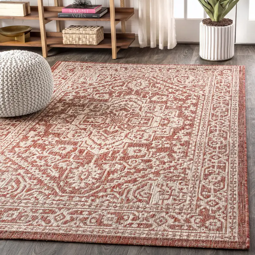 Red And Taupe Medallion Indoor Outdoor Area Rug Photo 5