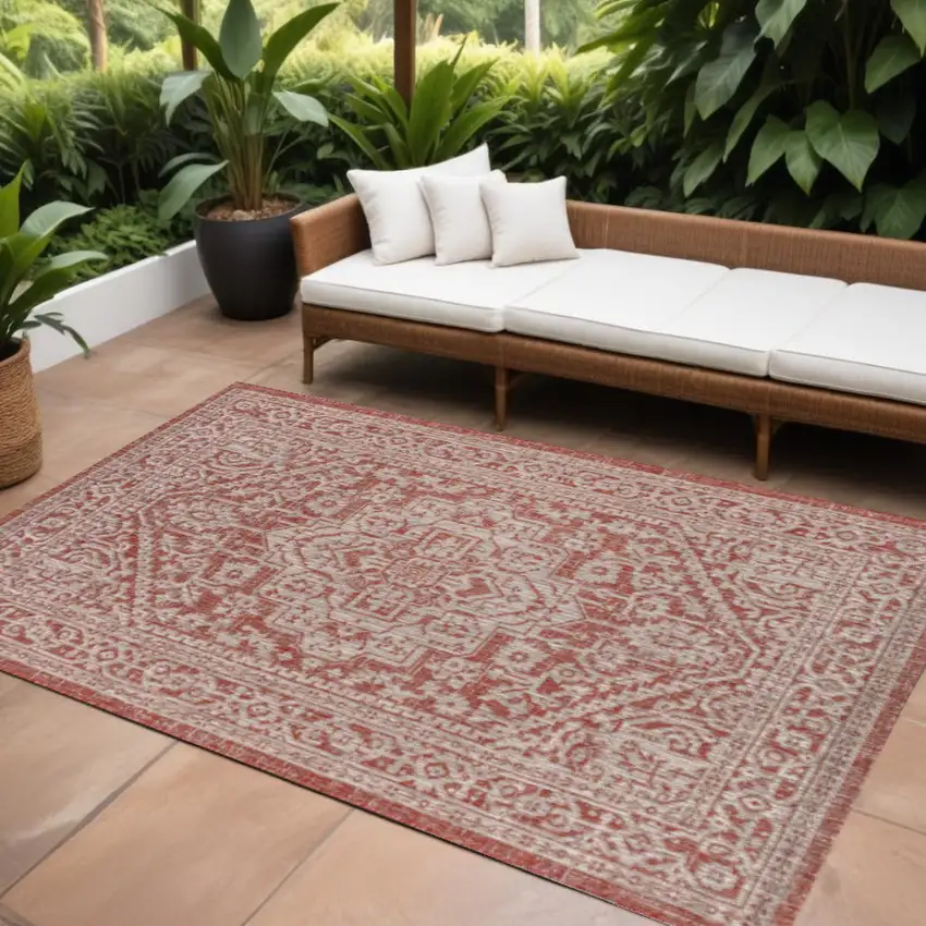 Red And Taupe Medallion Indoor Outdoor Area Rug Photo 1