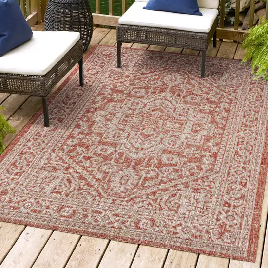 Red And Taupe Medallion Indoor Outdoor Area Rug Photo 8