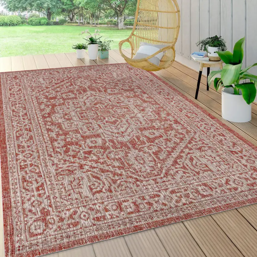Red And Taupe Medallion Indoor Outdoor Area Rug Photo 7