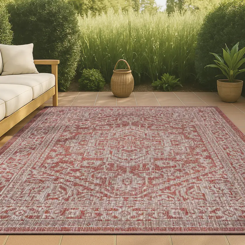 Red And Taupe Medallion Indoor Outdoor Area Rug Photo 4