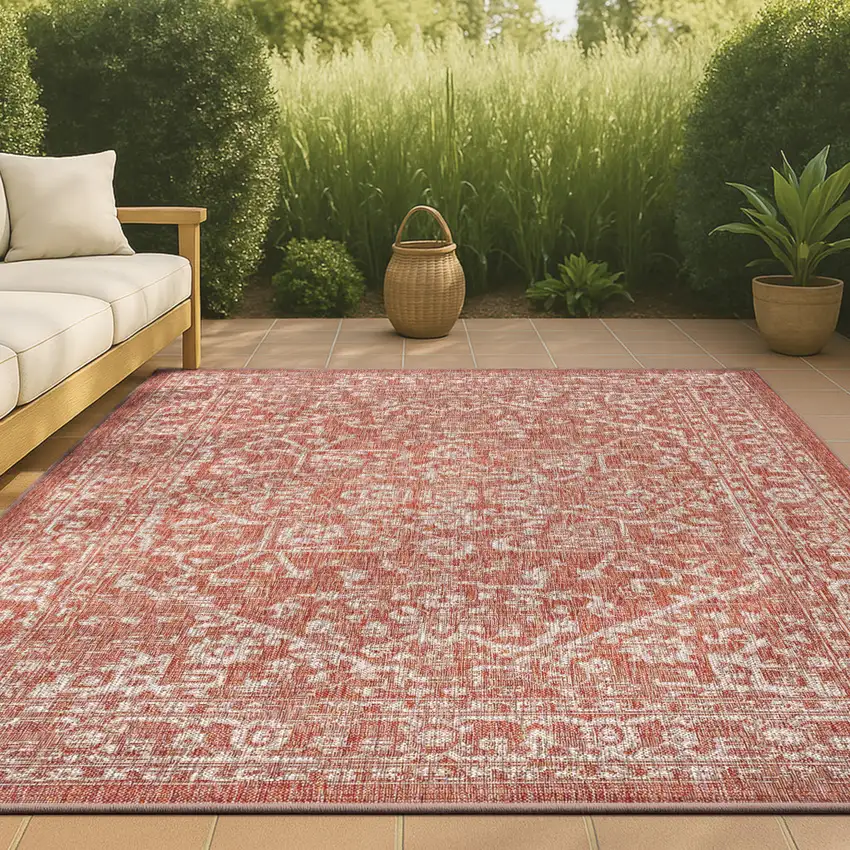 Red And Taupe Medallion Indoor Outdoor Area Rug Photo 4