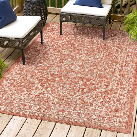 Red And Taupe Medallion Indoor Outdoor Area Rug Photo 9