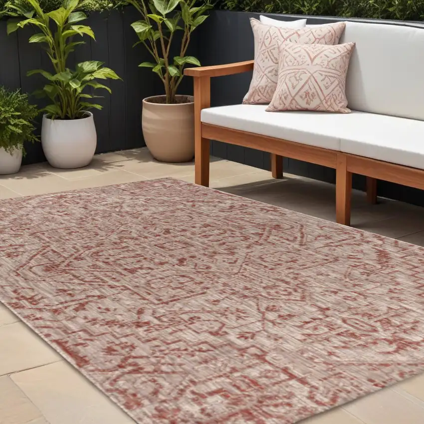 Red And Taupe Medallion Indoor Outdoor Area Rug Photo 1