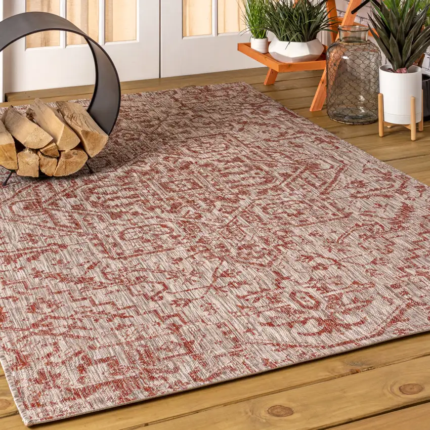 Red And Taupe Medallion Indoor Outdoor Area Rug Photo 4