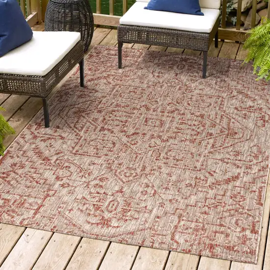 Red And Taupe Medallion Indoor Outdoor Area Rug Photo 8