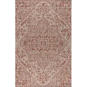 Photo of Red And Taupe Medallion Indoor Outdoor Area Rug