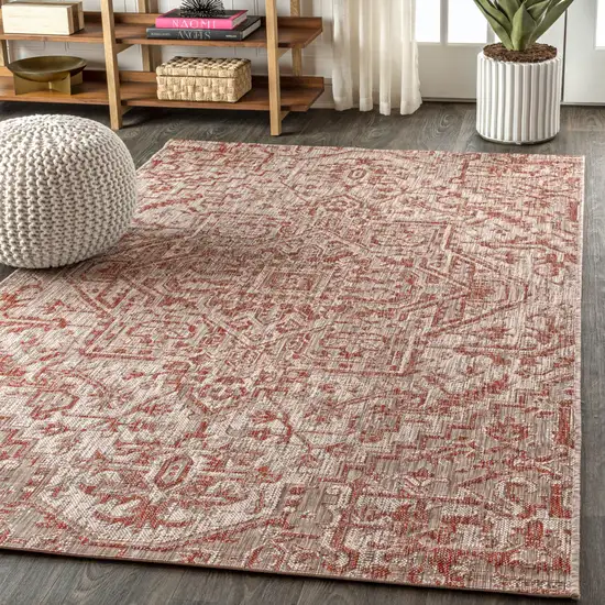 Red And Taupe Medallion Indoor Outdoor Area Rug Photo 4
