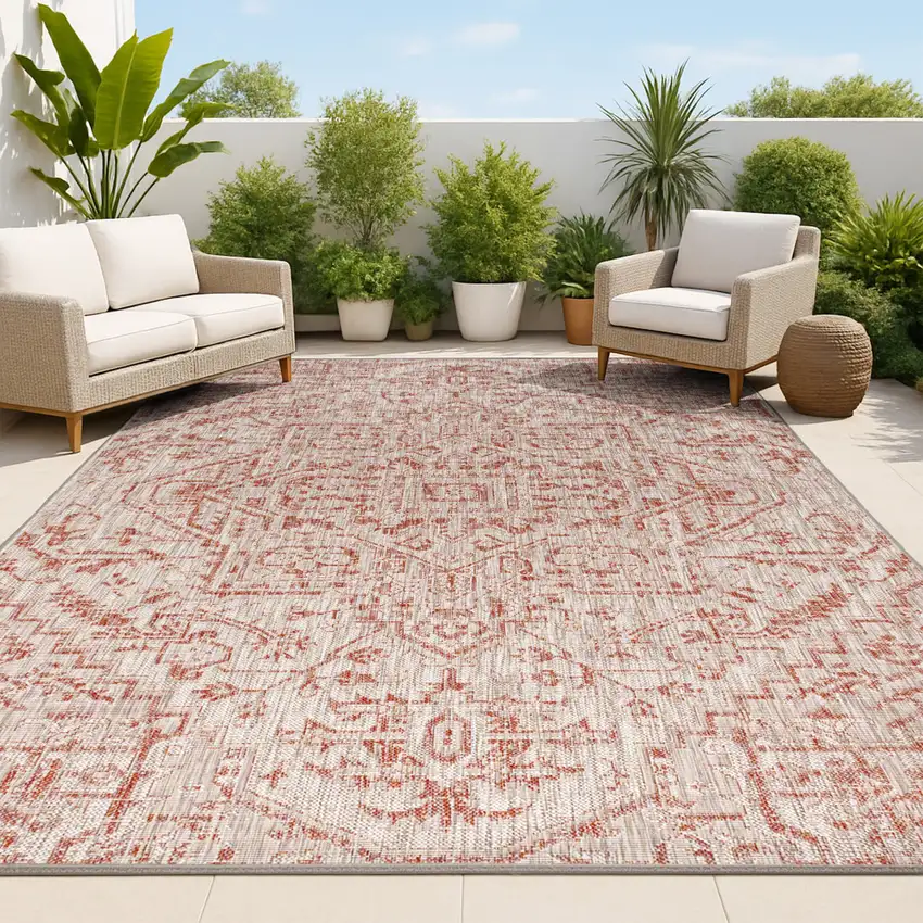 Red And Taupe Medallion Indoor Outdoor Area Rug Photo 2