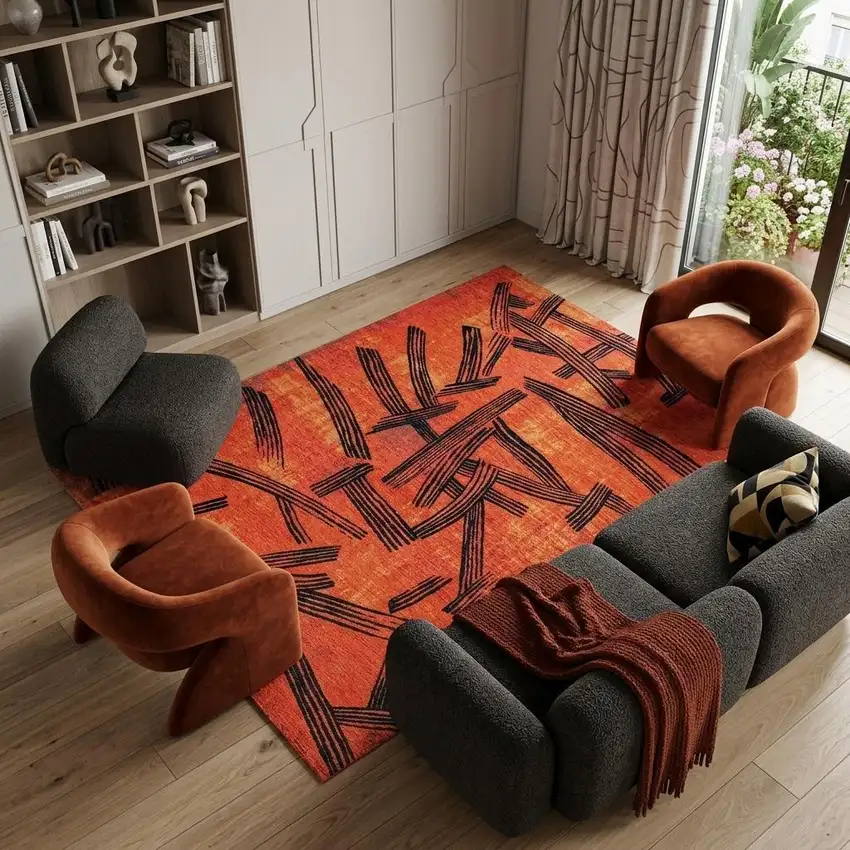 Red And White Abstract Washable Area Rug With UV Protection Photo 1