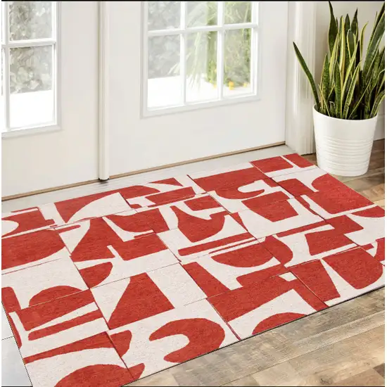 Red And White Geometric Washable Area Rug Photo 1