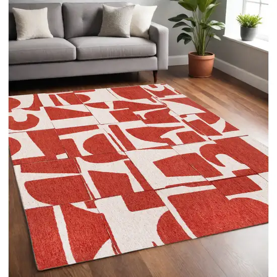 Red And White Geometric Washable Area Rug Photo 1
