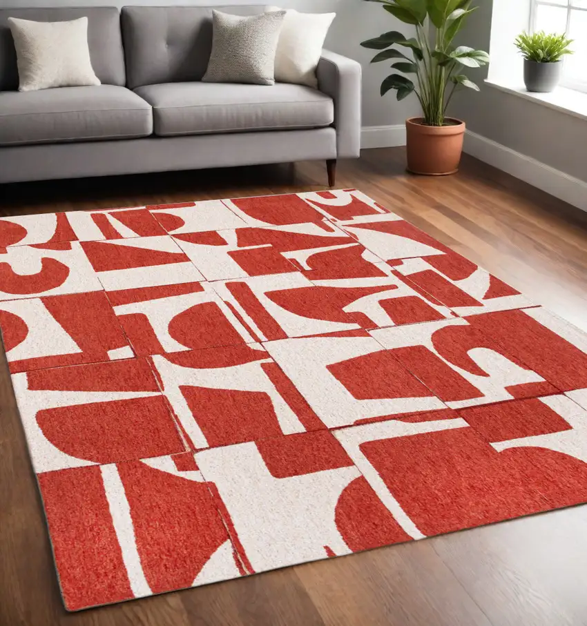 Red And White Geometric Washable Area Rug Photo 1