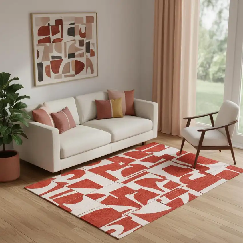 Red And White Geometric Washable Area Rug Photo 1