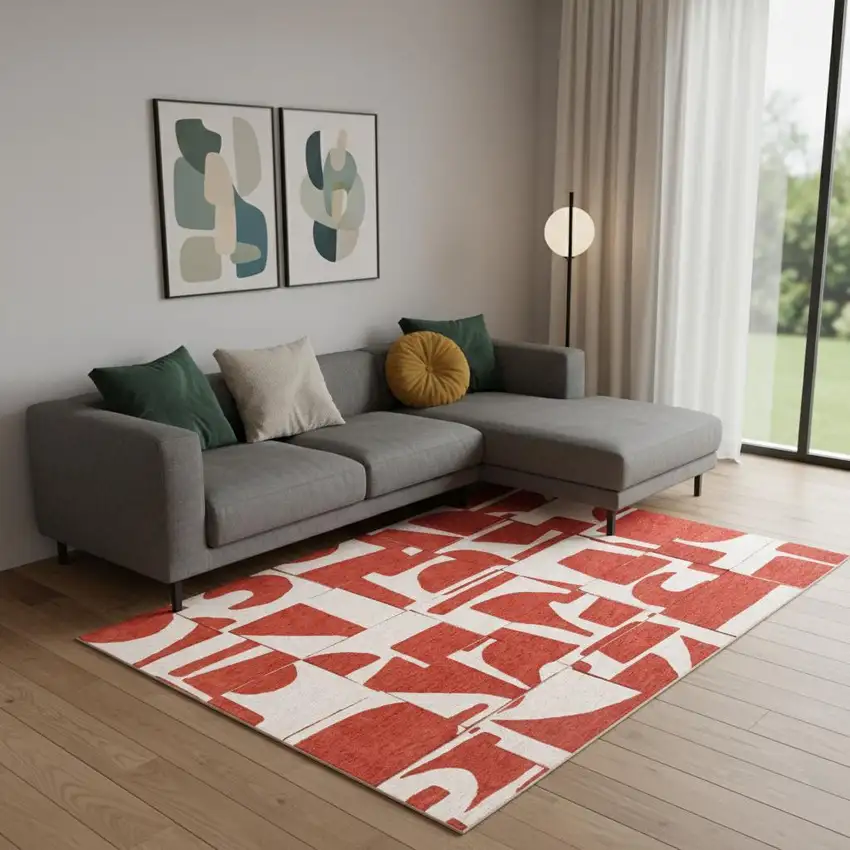 Red And White Geometric Washable Area Rug Photo 1