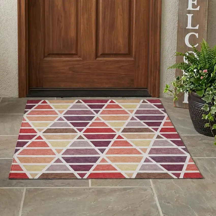 Red And White Geometric Washable Indoor Outdoor Area Rug Photo 1