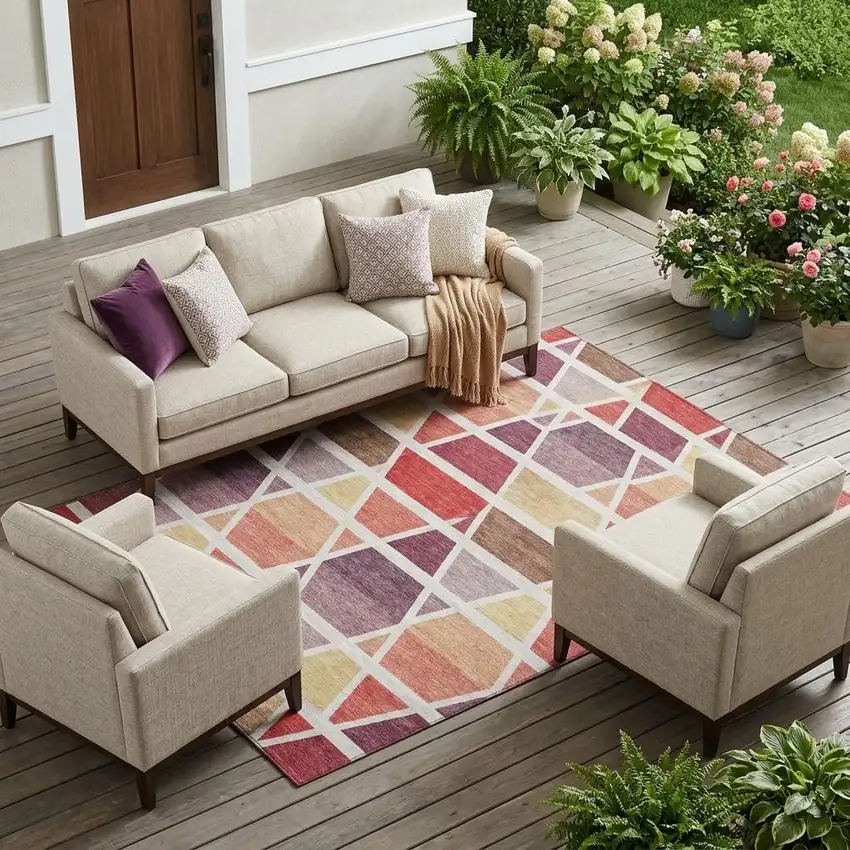 Red And White Geometric Washable Indoor Outdoor Area Rug Photo 1