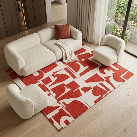Red And White Geometric ,Washable, Non Skid Area Rug Photo 1