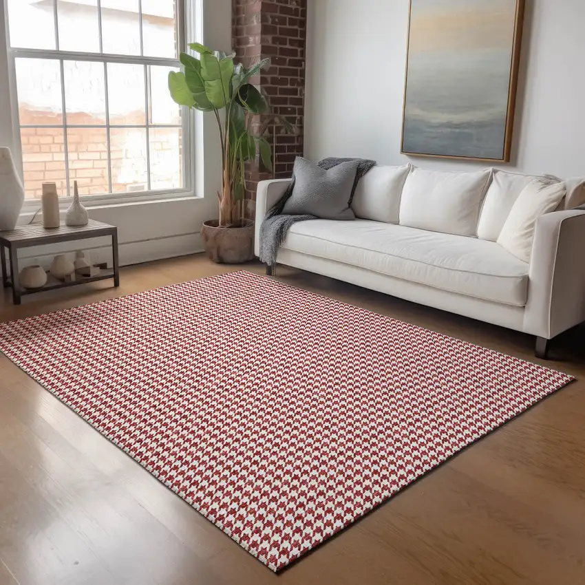 Red And White Houndstooth Washable Area Rug With UV Protection Photo 4