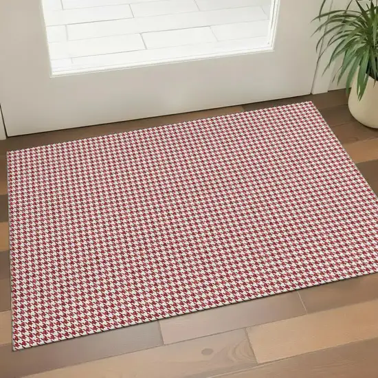Red And White Houndstooth Washable Area Rug With UV Protection Photo 1