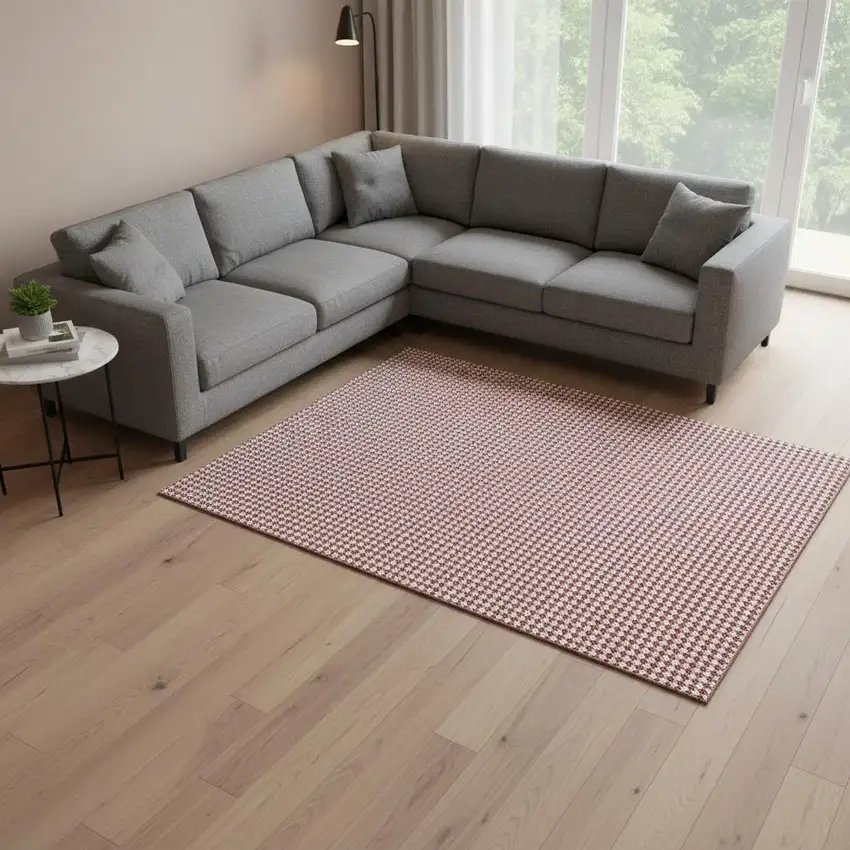 Red And White Houndstooth Washable Area Rug With UV Protection Photo 1