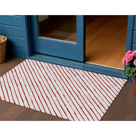 Red And White Striped Washable Indoor Outdoor Area Rug Photo 2