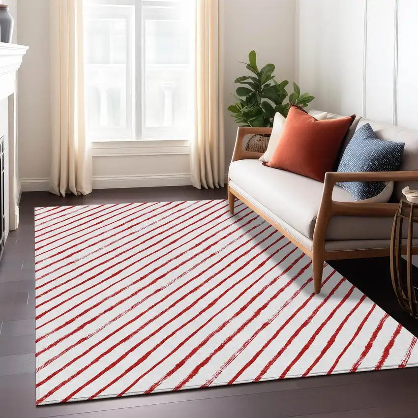 Red And White Striped Washable Indoor Outdoor Area Rug Photo 7