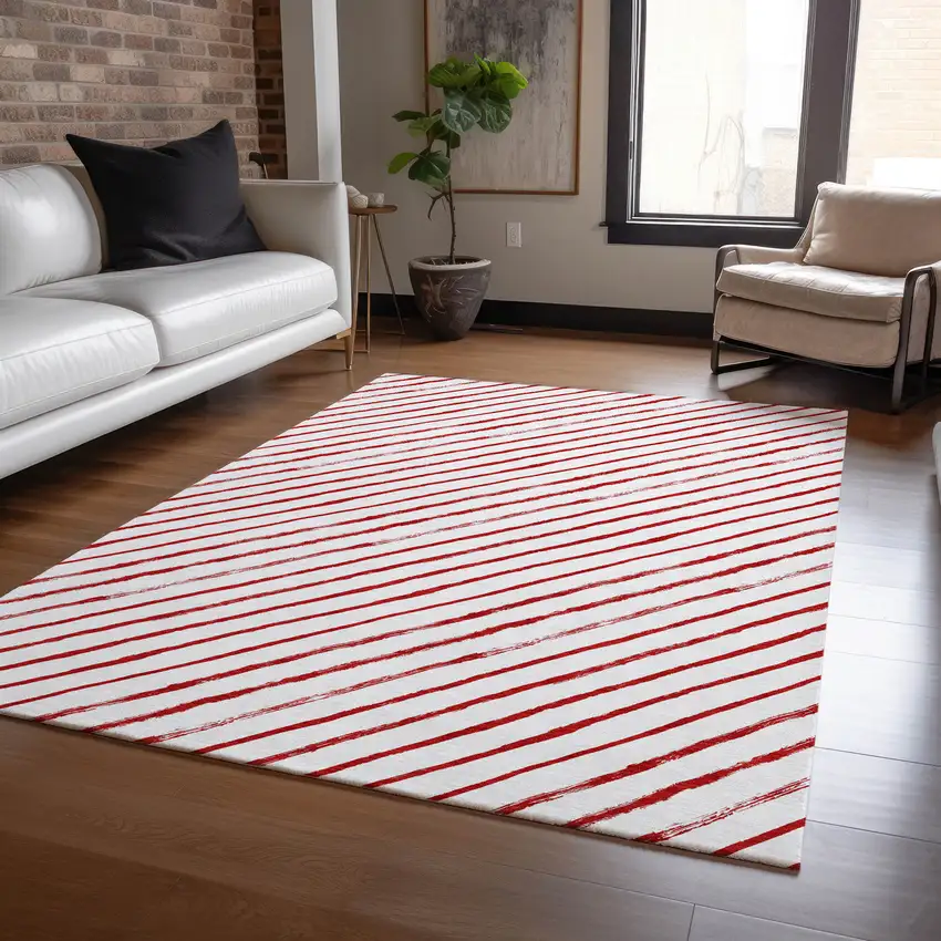 Red And White Striped Washable Indoor Outdoor Area Rug Photo 6