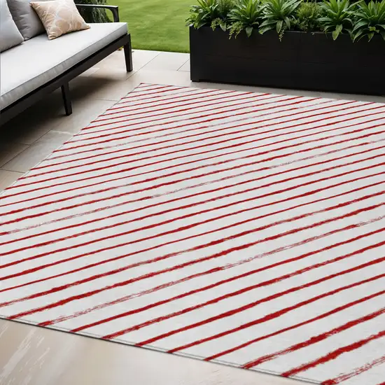 Red And White Striped Washable Indoor Outdoor Area Rug Photo 2