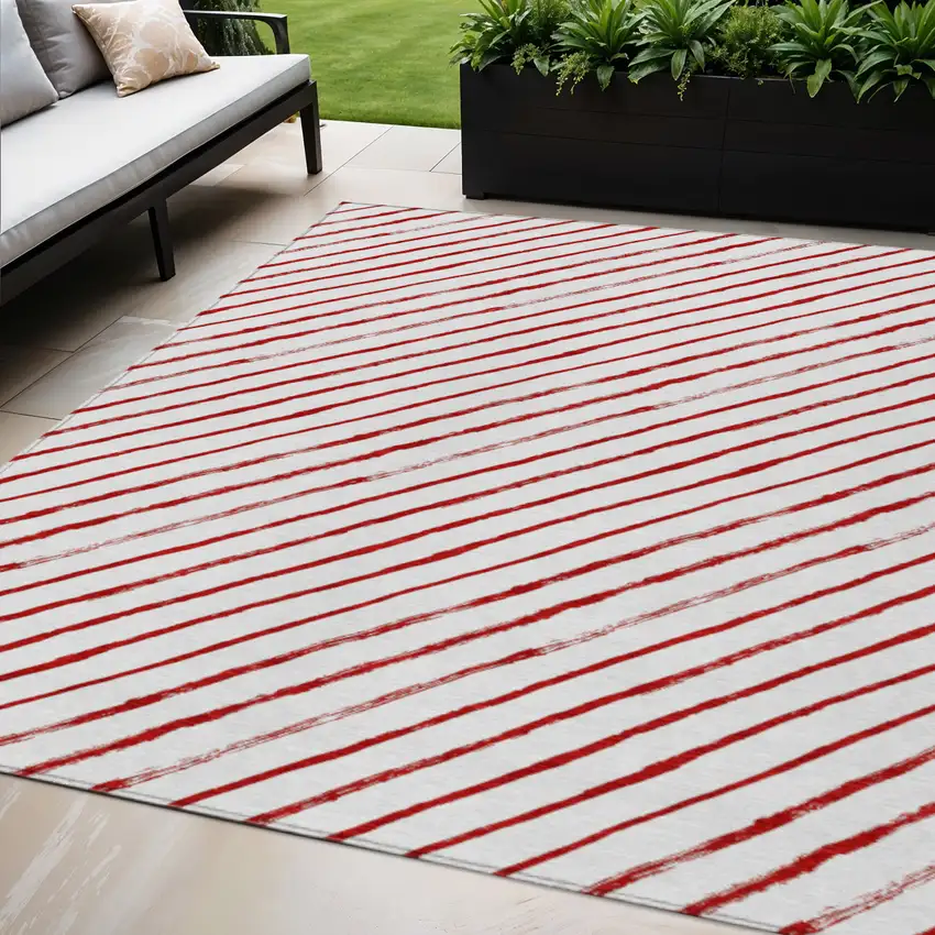 Red And White Striped Washable Indoor Outdoor Area Rug Photo 2