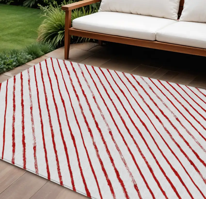 Red And White Striped Washable Indoor Outdoor Area Rug Photo 2