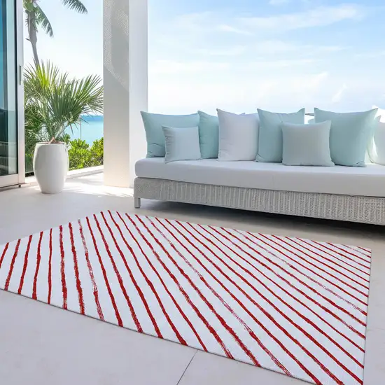 Red And White Striped Washable Indoor Outdoor Area Rug Photo 5