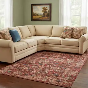 Photo of Red And White Tribal Washable Area Rug With UV Protection