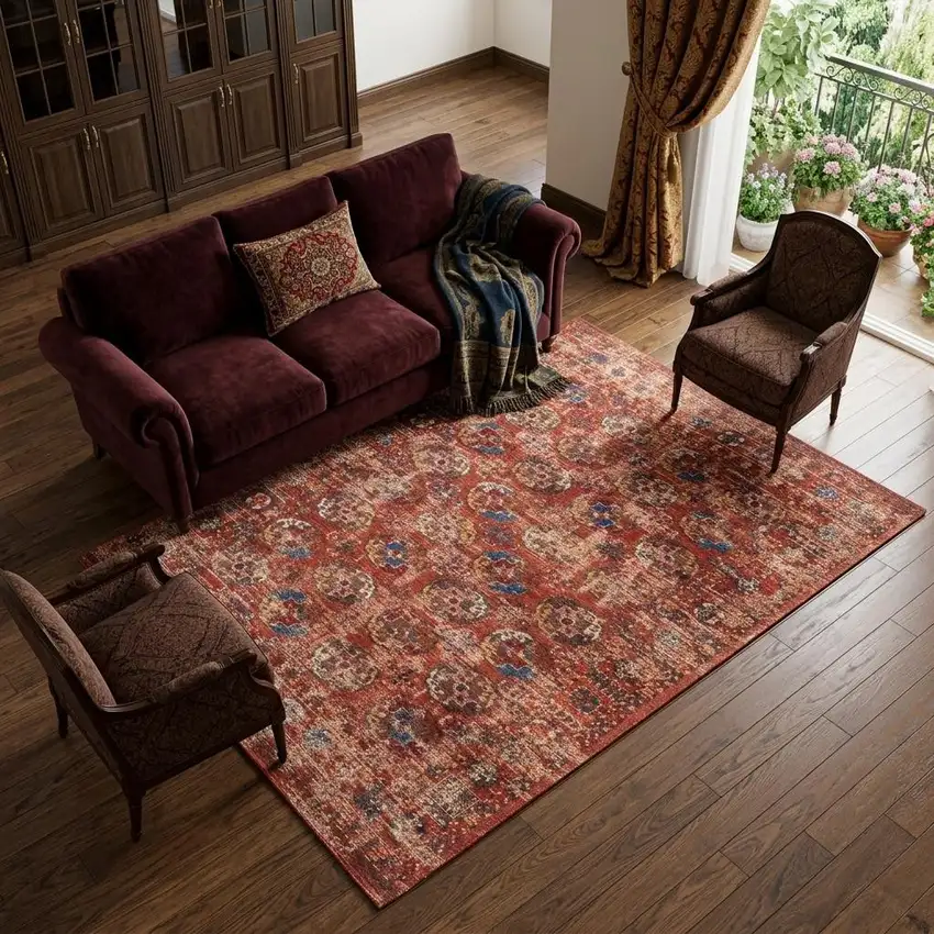 Red And White Tribal Washable Area Rug With UV Protection Photo 1