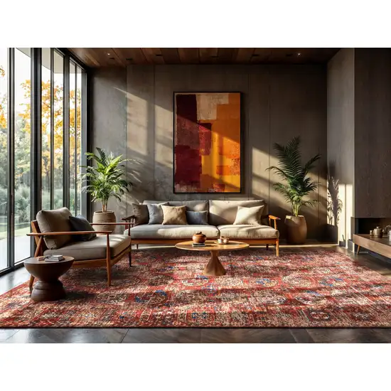 Red And White Tribal Washable Area Rug With UV Protection Photo 5