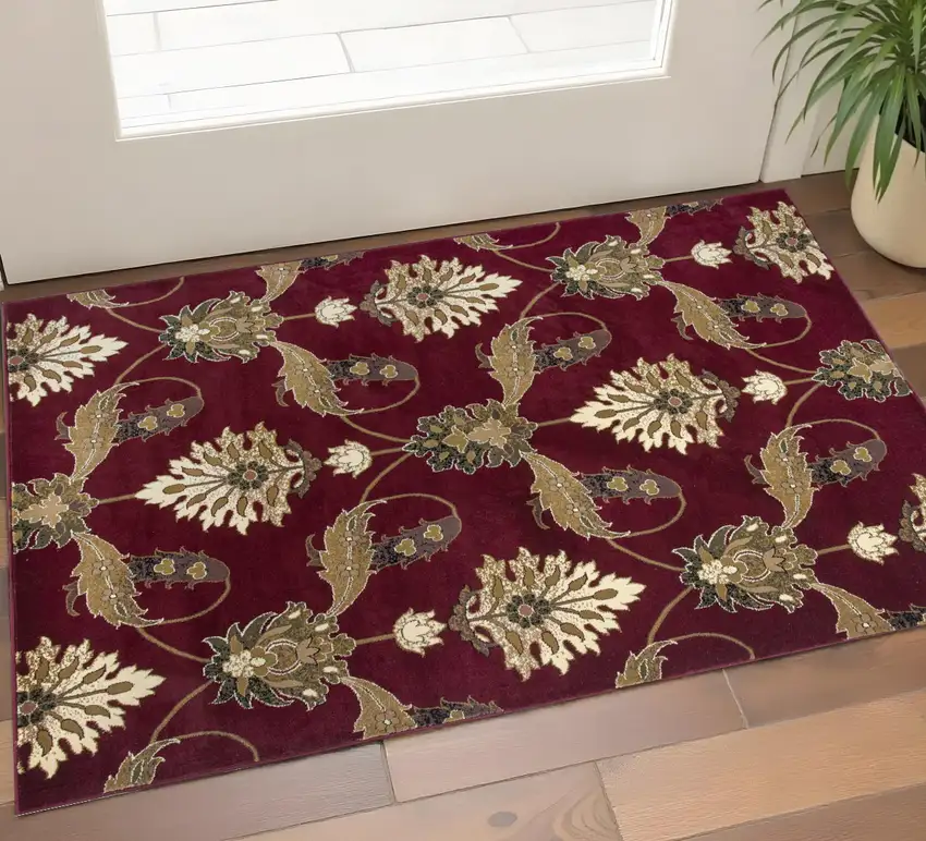Red Beige And Brown Floral Vines Area Rug Photo 1