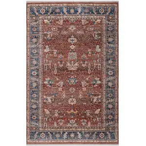 Photo of Red Beige And Blue Oriental Runner Rug With Fringe