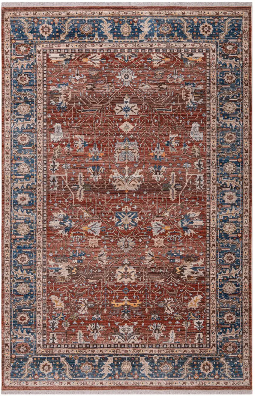 Red Beige And Blue Oriental Runner Rug With Fringe Photo 3