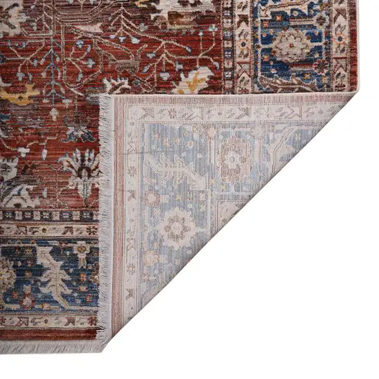 Red Beige And Blue Oriental Runner Rug With Fringe Photo 9