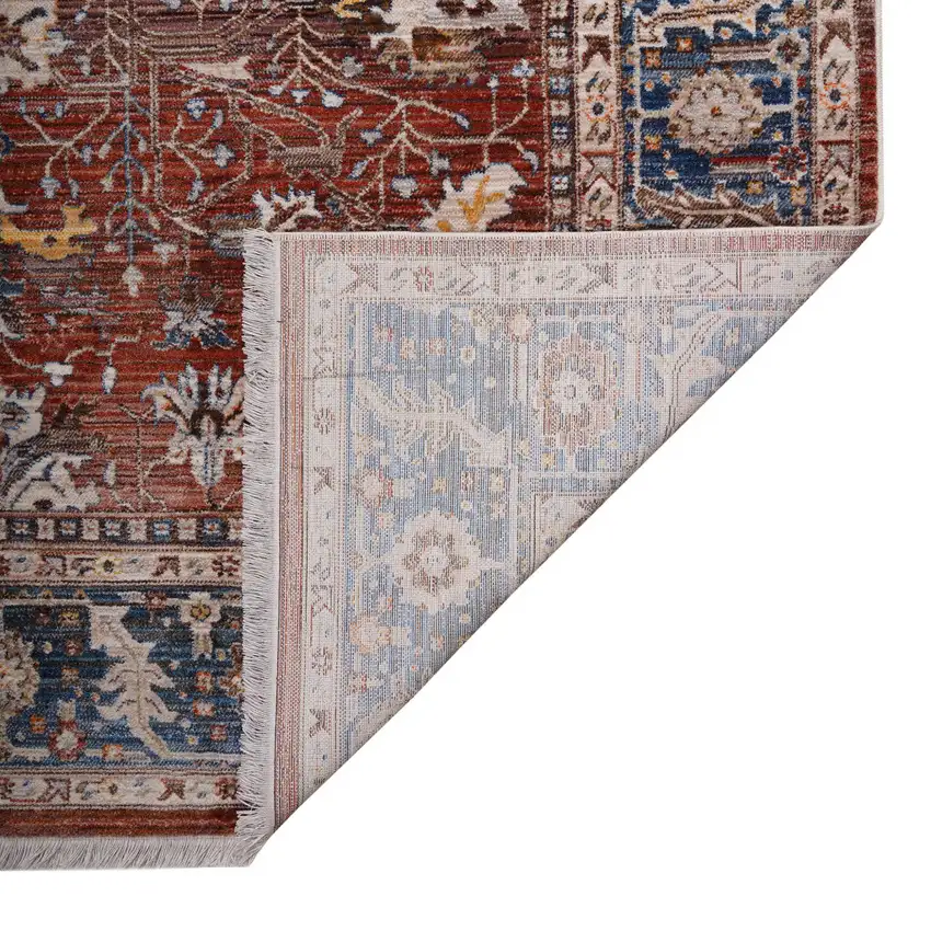 Red Beige And Blue Oriental Runner Rug With Fringe Photo 9