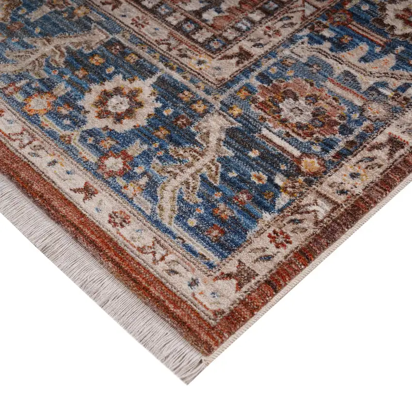 Red Beige And Blue Oriental Runner Rug With Fringe Photo 8